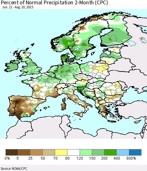 Europe Percent of Normal Precipitation 2-Month (CPC) Thematic Map For 6/21/2023 - 8/20/2023