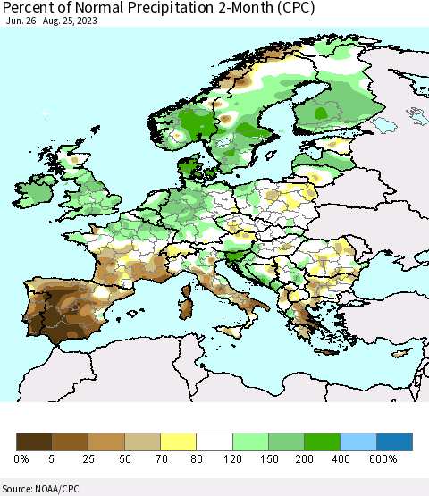 Europe Percent of Normal Precipitation 2-Month (CPC) Thematic Map For 6/26/2023 - 8/25/2023