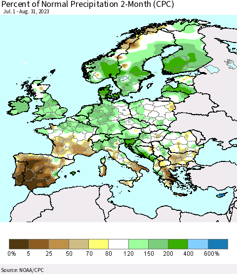 Europe Percent of Normal Precipitation 2-Month (CPC) Thematic Map For 7/1/2023 - 8/31/2023