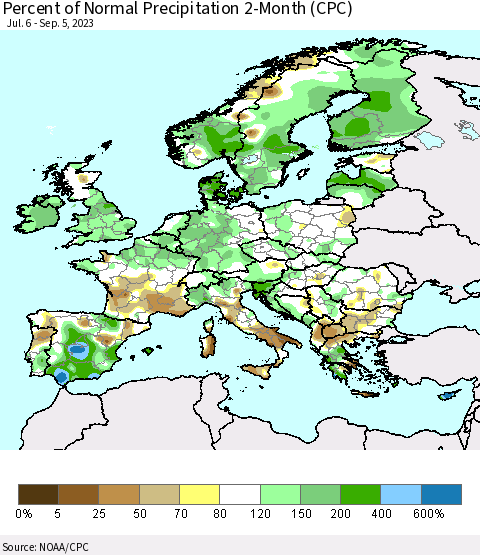 Europe Percent of Normal Precipitation 2-Month (CPC) Thematic Map For 7/6/2023 - 9/5/2023