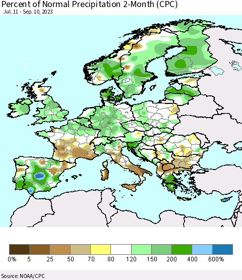 Europe Percent of Normal Precipitation 2-Month (CPC) Thematic Map For 7/11/2023 - 9/10/2023