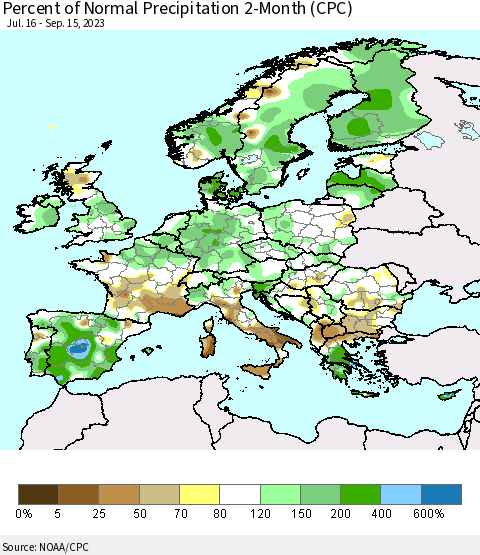 Europe Percent of Normal Precipitation 2-Month (CPC) Thematic Map For 7/16/2023 - 9/15/2023