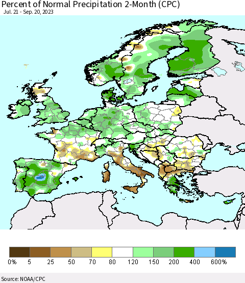 Europe Percent of Normal Precipitation 2-Month (CPC) Thematic Map For 7/21/2023 - 9/20/2023