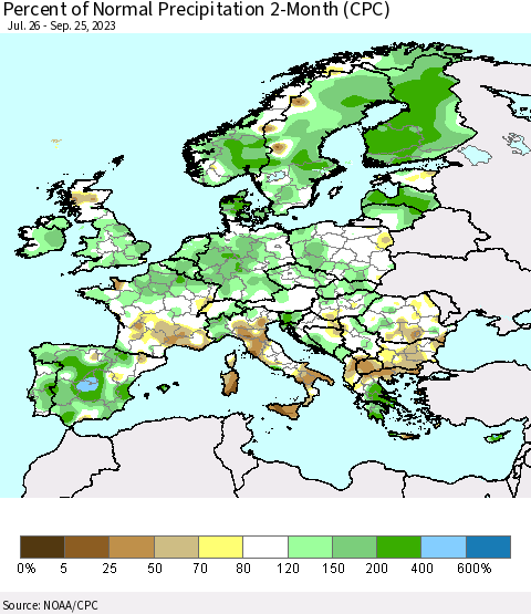 Europe Percent of Normal Precipitation 2-Month (CPC) Thematic Map For 7/26/2023 - 9/25/2023