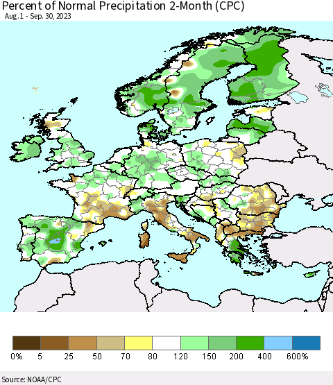 Europe Percent of Normal Precipitation 2-Month (CPC) Thematic Map For 8/1/2023 - 9/30/2023