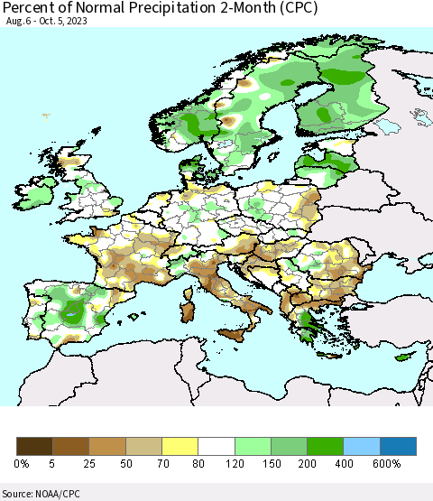 Europe Percent of Normal Precipitation 2-Month (CPC) Thematic Map For 8/6/2023 - 10/5/2023