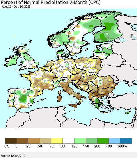 Europe Percent of Normal Precipitation 2-Month (CPC) Thematic Map For 8/11/2023 - 10/10/2023