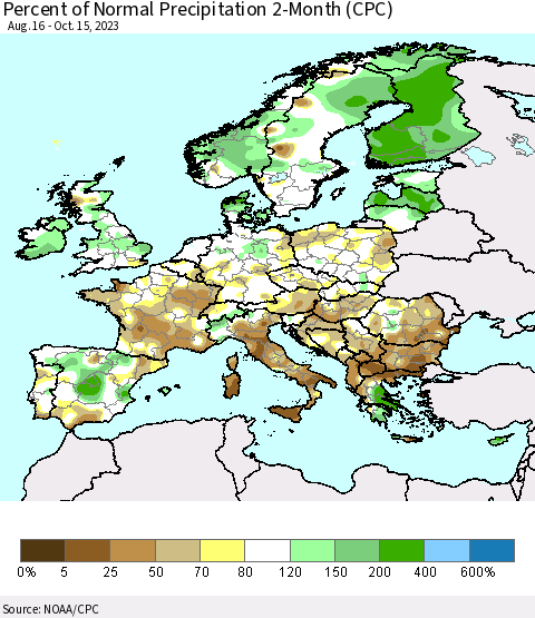 Europe Percent of Normal Precipitation 2-Month (CPC) Thematic Map For 8/16/2023 - 10/15/2023