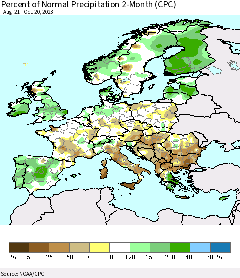 Europe Percent of Normal Precipitation 2-Month (CPC) Thematic Map For 8/21/2023 - 10/20/2023