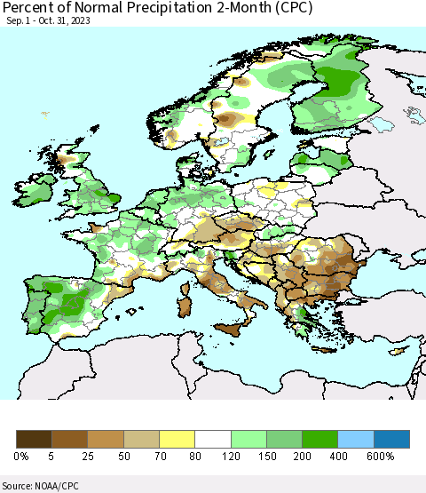 Europe Percent of Normal Precipitation 2-Month (CPC) Thematic Map For 9/1/2023 - 10/31/2023