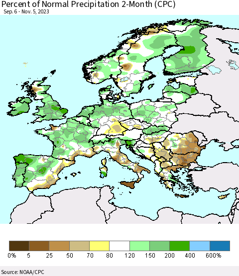 Europe Percent of Normal Precipitation 2-Month (CPC) Thematic Map For 9/6/2023 - 11/5/2023