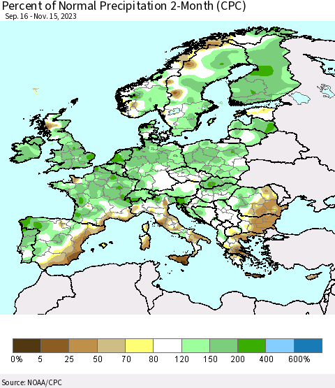 Europe Percent of Normal Precipitation 2-Month (CPC) Thematic Map For 9/16/2023 - 11/15/2023