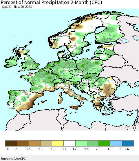 Europe Percent of Normal Precipitation 2-Month (CPC) Thematic Map For 9/21/2023 - 11/20/2023