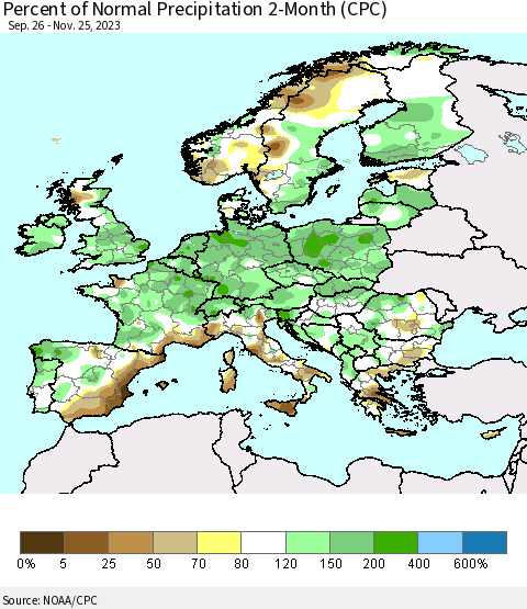 Europe Percent of Normal Precipitation 2-Month (CPC) Thematic Map For 9/26/2023 - 11/25/2023