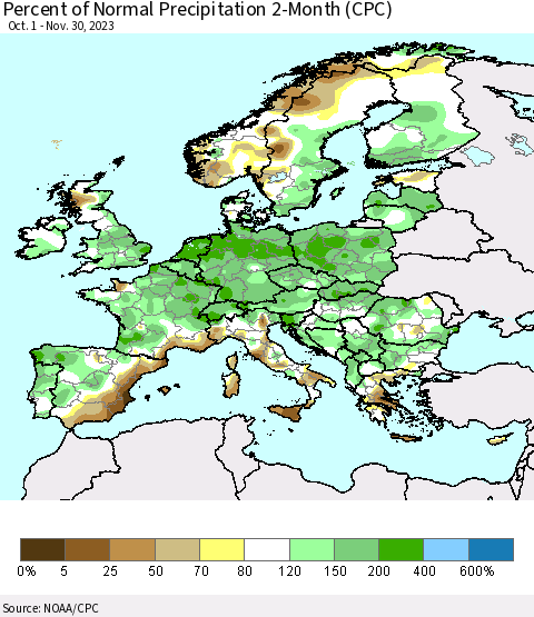 Europe Percent of Normal Precipitation 2-Month (CPC) Thematic Map For 10/1/2023 - 11/30/2023