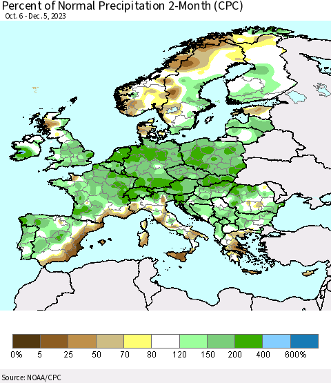 Europe Percent of Normal Precipitation 2-Month (CPC) Thematic Map For 10/6/2023 - 12/5/2023