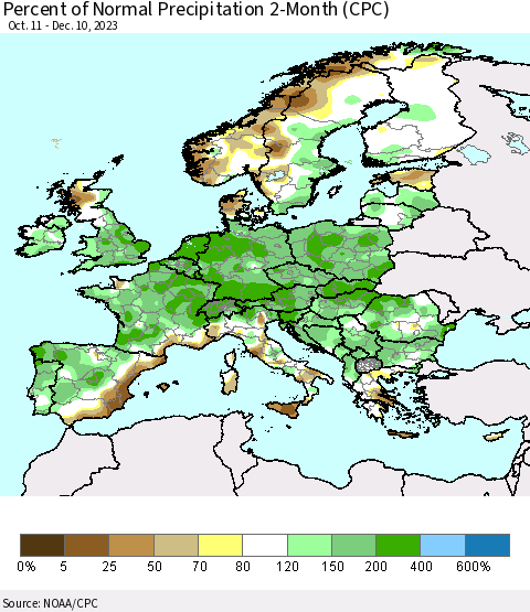 Europe Percent of Normal Precipitation 2-Month (CPC) Thematic Map For 10/11/2023 - 12/10/2023