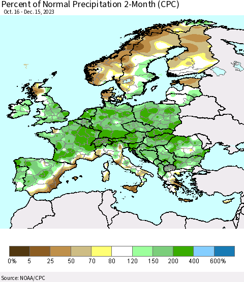 Europe Percent of Normal Precipitation 2-Month (CPC) Thematic Map For 10/16/2023 - 12/15/2023