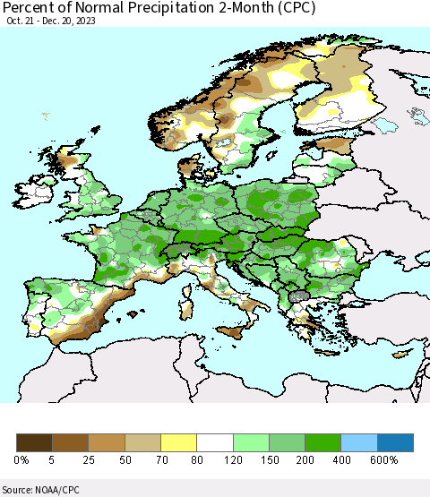 Europe Percent of Normal Precipitation 2-Month (CPC) Thematic Map For 10/21/2023 - 12/20/2023
