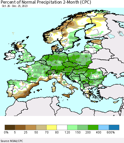 Europe Percent of Normal Precipitation 2-Month (CPC) Thematic Map For 10/26/2023 - 12/25/2023