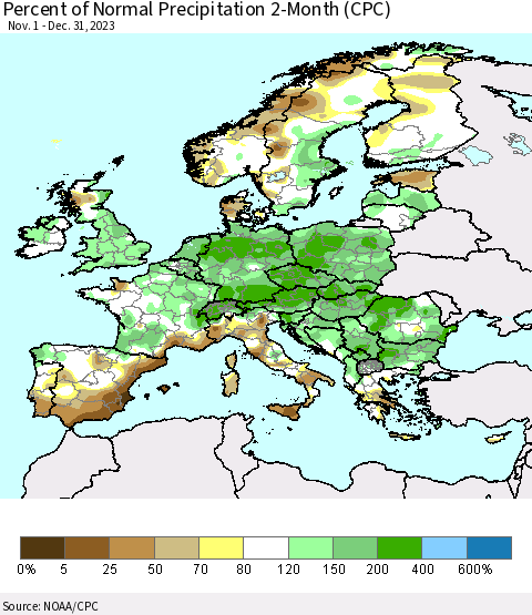 Europe Percent of Normal Precipitation 2-Month (CPC) Thematic Map For 11/1/2023 - 12/31/2023