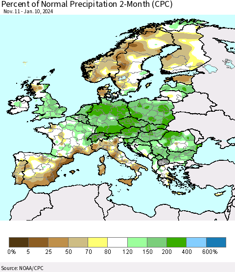 Europe Percent of Normal Precipitation 2-Month (CPC) Thematic Map For 11/11/2023 - 1/10/2024