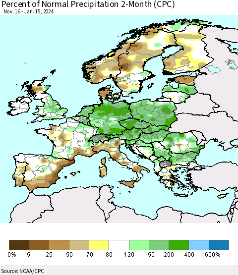 Europe Percent of Normal Precipitation 2-Month (CPC) Thematic Map For 11/16/2023 - 1/15/2024