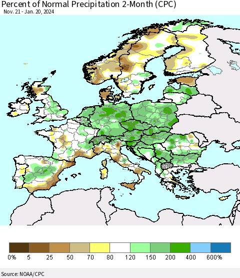 Europe Percent of Normal Precipitation 2-Month (CPC) Thematic Map For 11/21/2023 - 1/20/2024