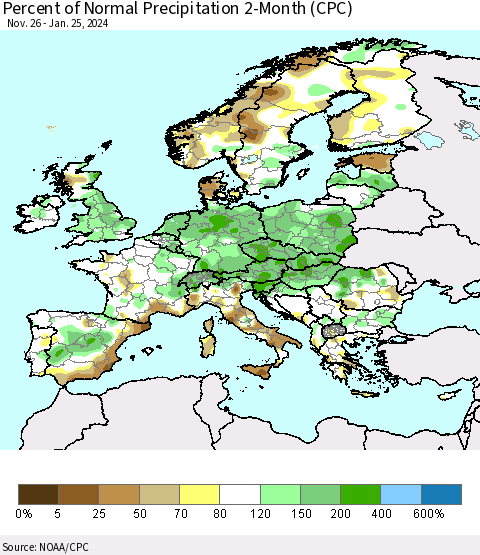 Europe Percent of Normal Precipitation 2-Month (CPC) Thematic Map For 11/26/2023 - 1/25/2024