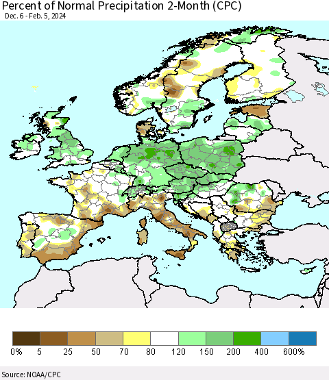 Europe Percent of Normal Precipitation 2-Month (CPC) Thematic Map For 12/6/2023 - 2/5/2024