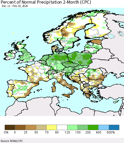 Europe Percent of Normal Precipitation 2-Month (CPC) Thematic Map For 12/11/2023 - 2/10/2024