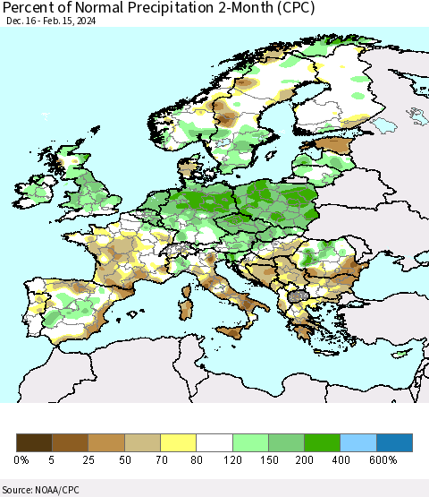 Europe Percent of Normal Precipitation 2-Month (CPC) Thematic Map For 12/16/2023 - 2/15/2024