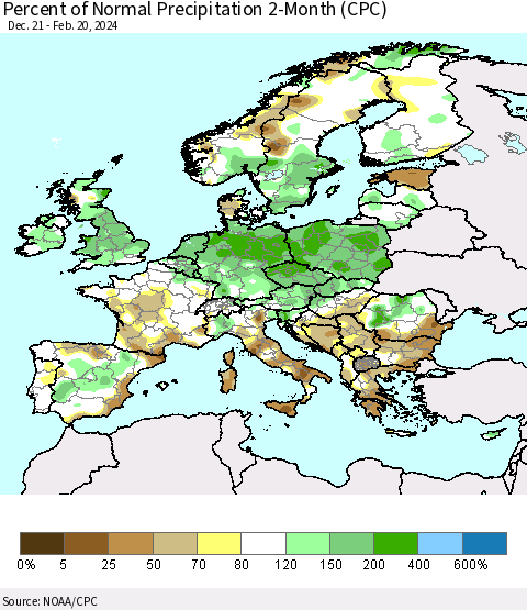 Europe Percent of Normal Precipitation 2-Month (CPC) Thematic Map For 12/21/2023 - 2/20/2024