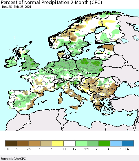 Europe Percent of Normal Precipitation 2-Month (CPC) Thematic Map For 12/26/2023 - 2/25/2024