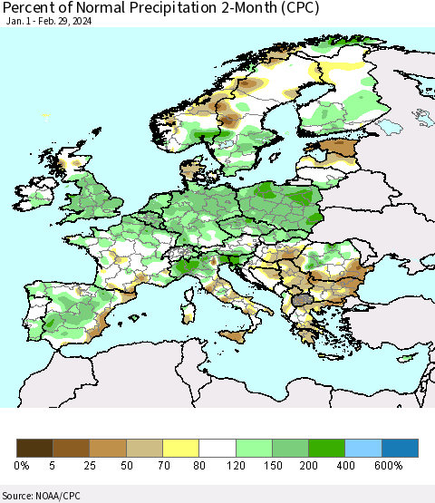 Europe Percent of Normal Precipitation 2-Month (CPC) Thematic Map For 1/1/2024 - 2/29/2024