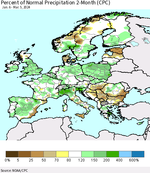 Europe Percent of Normal Precipitation 2-Month (CPC) Thematic Map For 1/6/2024 - 3/5/2024