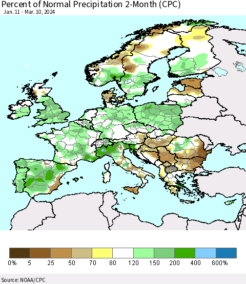 Europe Percent of Normal Precipitation 2-Month (CPC) Thematic Map For 1/11/2024 - 3/10/2024