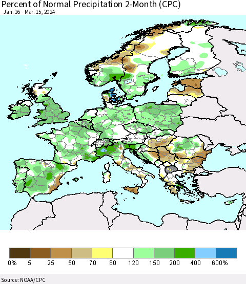 Europe Percent of Normal Precipitation 2-Month (CPC) Thematic Map For 1/16/2024 - 3/15/2024