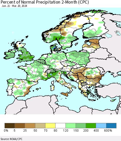 Europe Percent of Normal Precipitation 2-Month (CPC) Thematic Map For 1/21/2024 - 3/20/2024