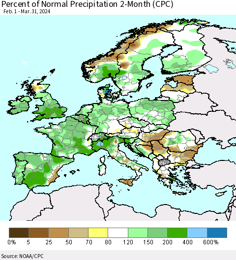 Europe Percent of Normal Precipitation 2-Month (CPC) Thematic Map For 2/1/2024 - 3/31/2024