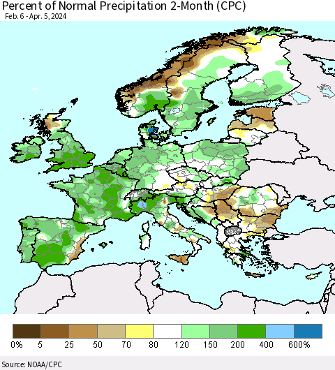 Europe Percent of Normal Precipitation 2-Month (CPC) Thematic Map For 2/6/2024 - 4/5/2024
