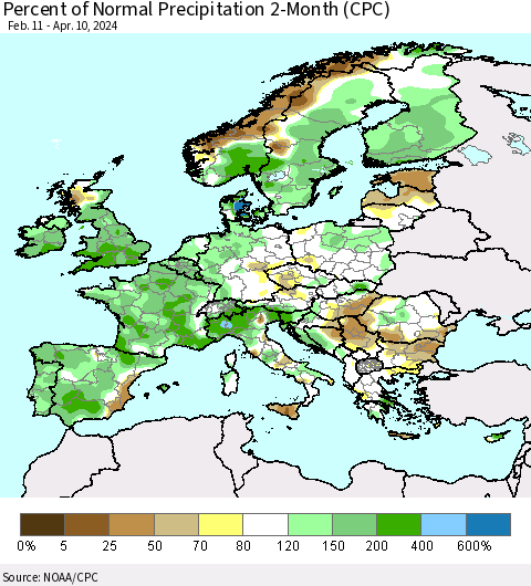 Europe Percent of Normal Precipitation 2-Month (CPC) Thematic Map For 2/11/2024 - 4/10/2024