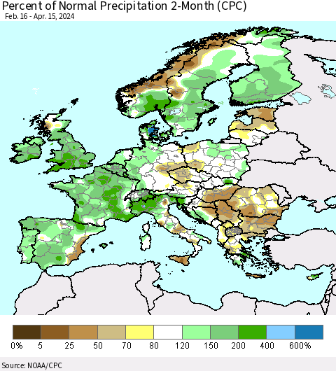 Europe Percent of Normal Precipitation 2-Month (CPC) Thematic Map For 2/16/2024 - 4/15/2024