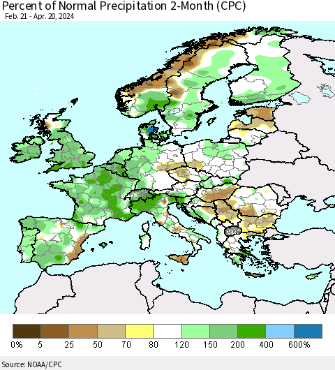 Europe Percent of Normal Precipitation 2-Month (CPC) Thematic Map For 2/21/2024 - 4/20/2024