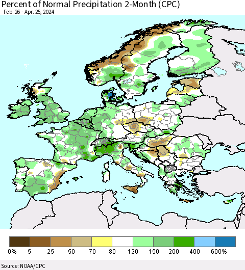 Europe Percent of Normal Precipitation 2-Month (CPC) Thematic Map For 2/26/2024 - 4/25/2024