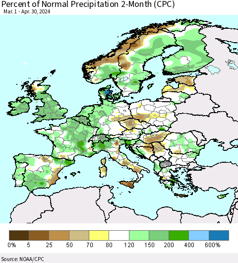 Europe Percent of Normal Precipitation 2-Month (CPC) Thematic Map For 3/1/2024 - 4/30/2024