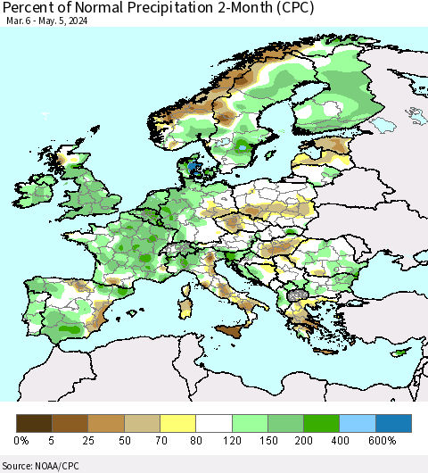 Europe Percent of Normal Precipitation 2-Month (CPC) Thematic Map For 3/6/2024 - 5/5/2024