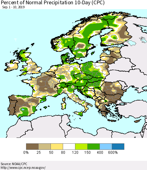 Europe Percent of Normal Precipitation 10-Day (CPC) Thematic Map For 9/1/2019 - 9/10/2019