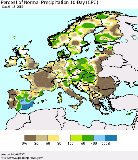 Europe Percent of Normal Precipitation 10-Day (CPC) Thematic Map For 9/6/2019 - 9/15/2019