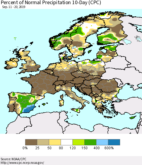 Europe Percent of Normal Precipitation 10-Day (CPC) Thematic Map For 9/11/2019 - 9/20/2019